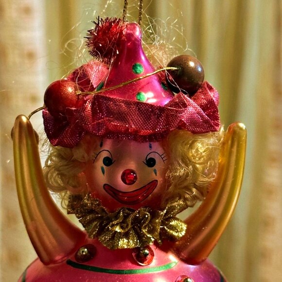 Clown Jester Blown Glass Christmas Ornament Painted Pink Gold 6 Inches (1) - Picture 2 of 8